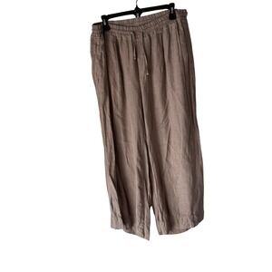 European Linen Blend Wide Leg Cropped Pants Beige L Drawstring Waist Italy Lagen